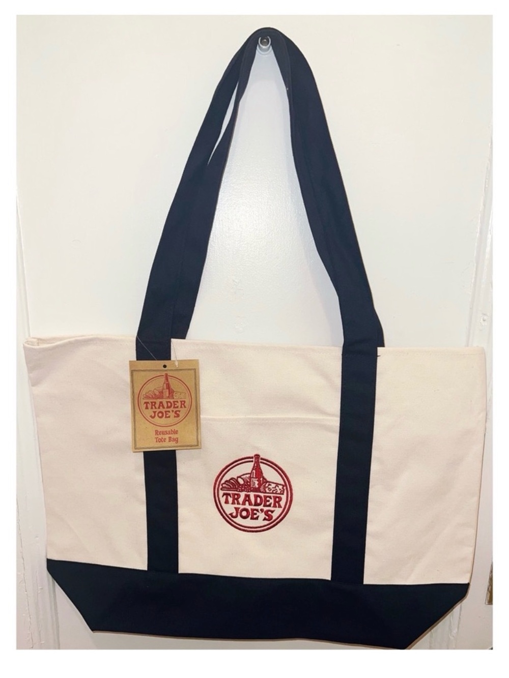 NWT Trader Joe’s Large Canvas Tote Bag Navy Blue Cream Embroidered Logo
